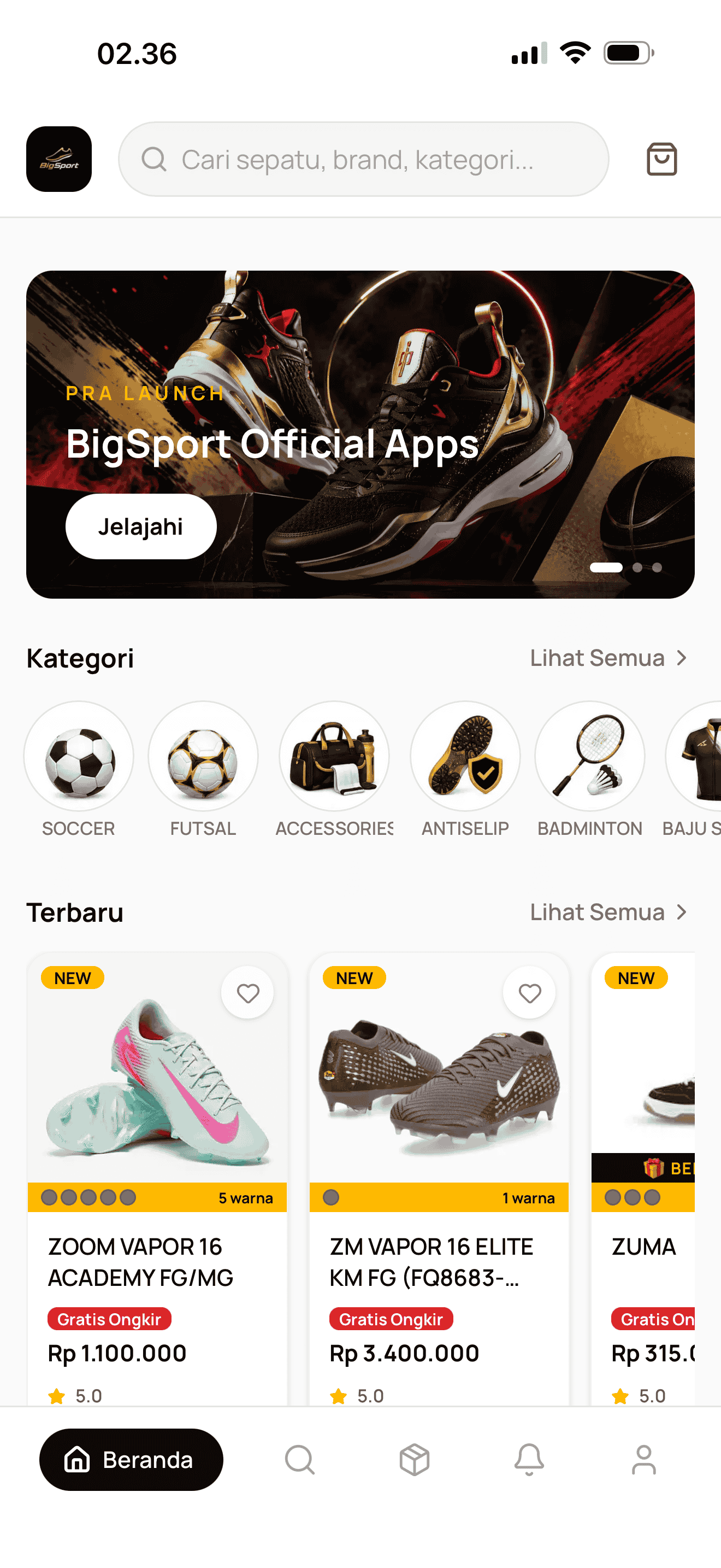 Pelacakan pesanan di aplikasi BigSport